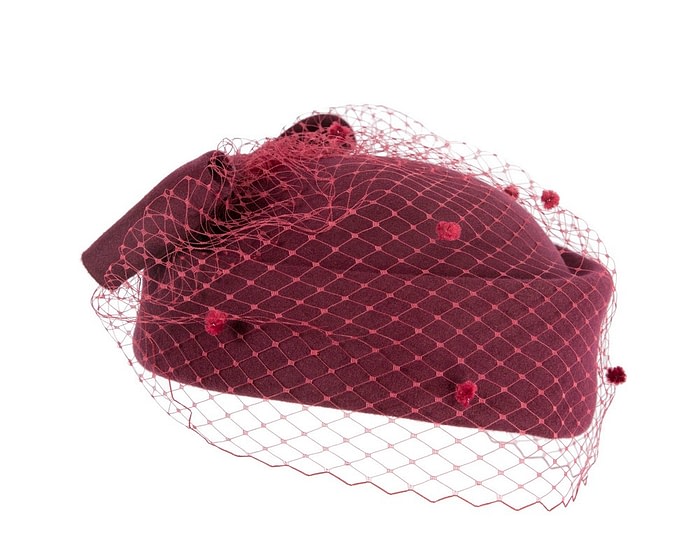 Fascinators Online - Large burgundy felt beret hat with veil