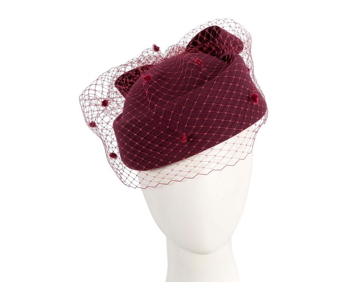 Large burgundy felt beret hat with veil