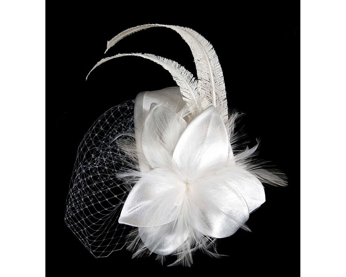 Fascinators Online - Custom made white feather fascinator with face veil