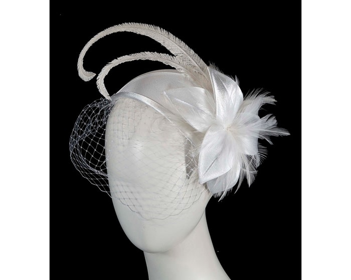 Custom made white feather fascinator with face veil