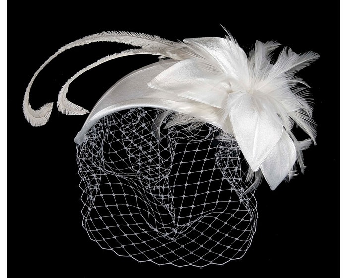 Fascinators Online - Custom made white feather fascinator with face veil