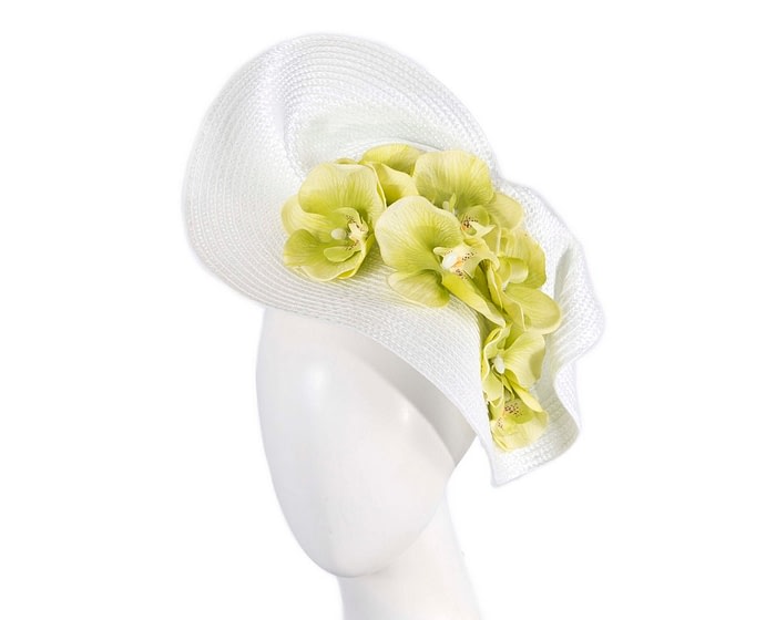 Astonishing white & lime fascinator with orchids by Fillies Collection