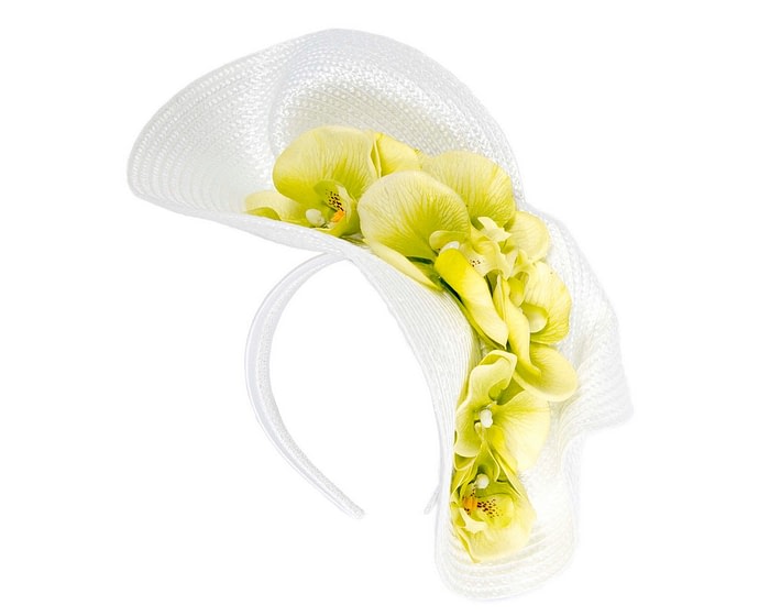 Astonishing white & lime fascinator with orchids by Fillies Collection - Image 2