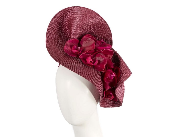 Astonishing burgundy fascinator with orchids by Fillies Collection