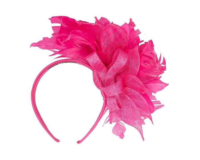 Striking Fuchsia Fascinator with Flower and Feathers - Image 4