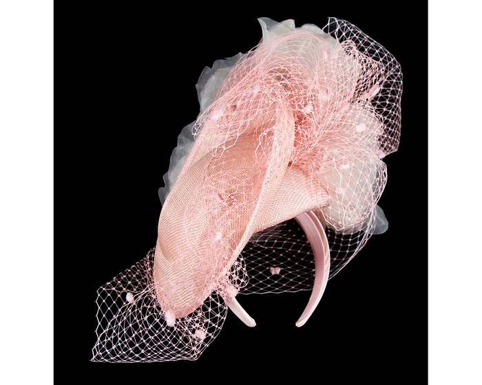Pink racing fascinator with flowers and face netting by Fillies Collection - Image 4