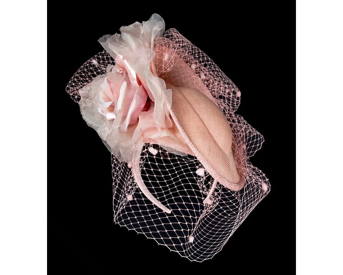 Pink racing fascinator with flowers and face netting by Fillies Collection - Image 2