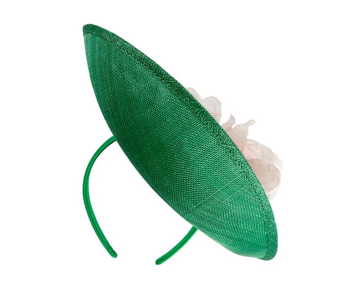 Bespoke green sinamay fascinator with pink flower by Max Alexander - Image 6
