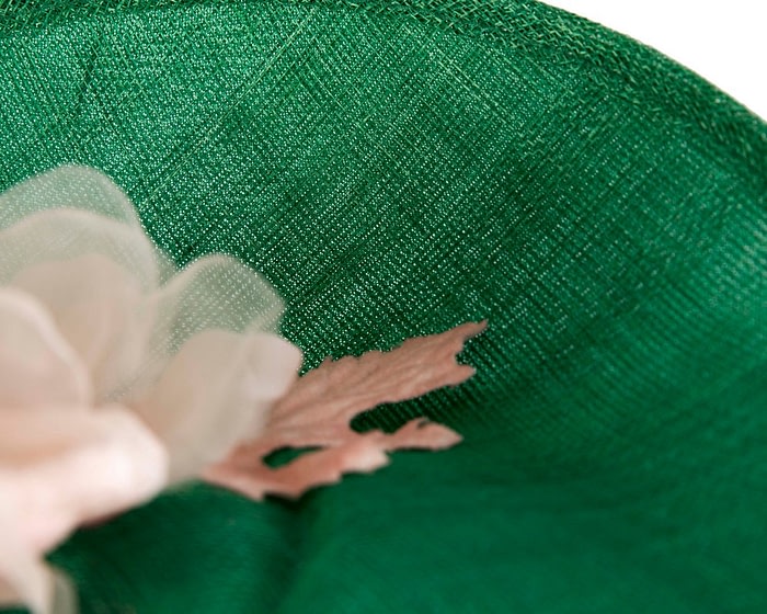 Bespoke green sinamay fascinator with pink flower by Max Alexander - Image 5