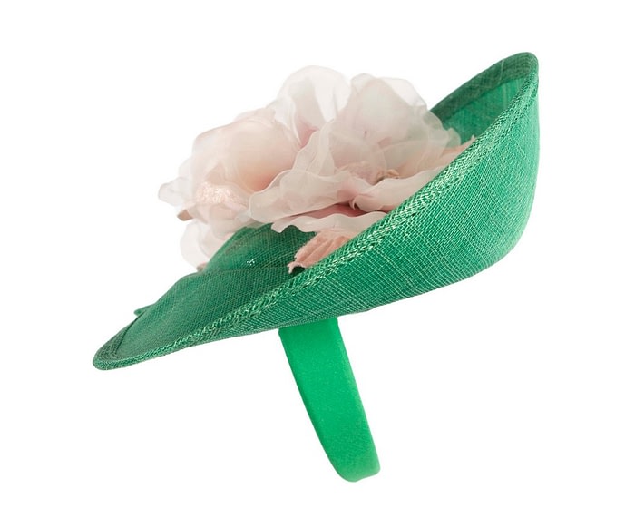 Bespoke green sinamay fascinator with pink flower by Max Alexander - Image 3