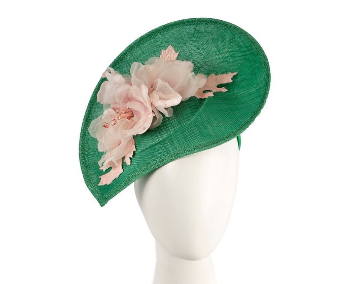 Bespoke green sinamay fascinator with pink flower by Max Alexander
