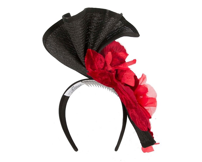 Bespoke large black and red flower fascinator by Fillies Collection - Image 5