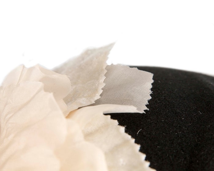 Black Felt Beret Hat with Cream Flower - Image 5