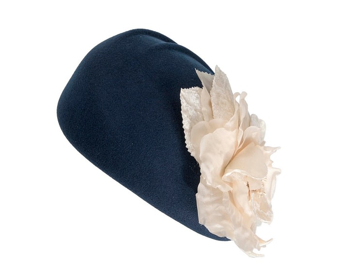 Navy Felt Beret Hat with Cream Flower - Image 6