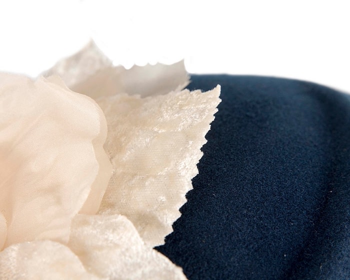 Navy Felt Beret Hat with Cream Flower - Image 5