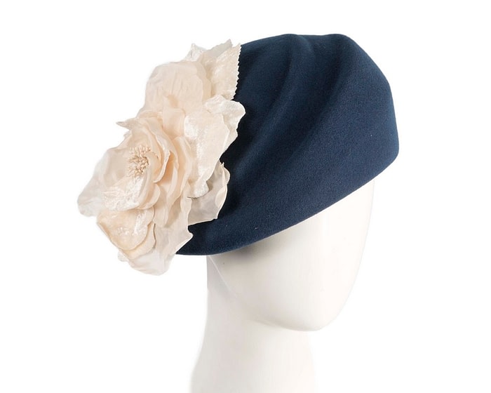Navy Felt Beret Hat with Cream Flower