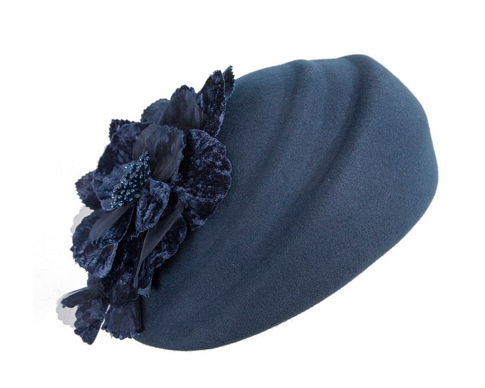 Navy Felt Beret Hat with Flower - Image 2