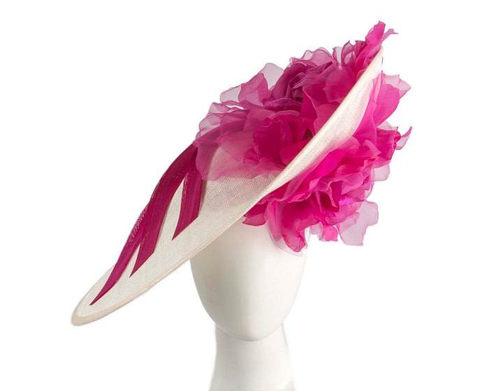 Large cream & fuchsia plate racing fascinator by Fillies Collection
