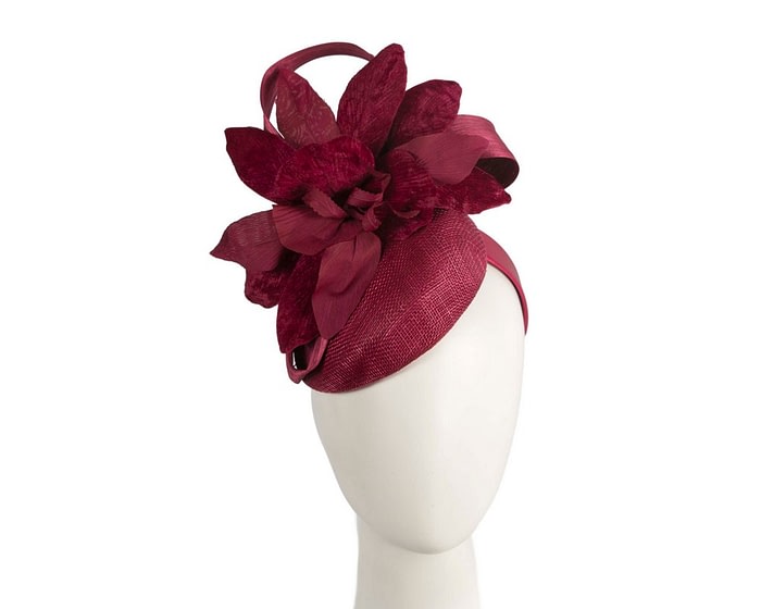 Tall burgundy pillbox fascinator with flower by Fillies Collection