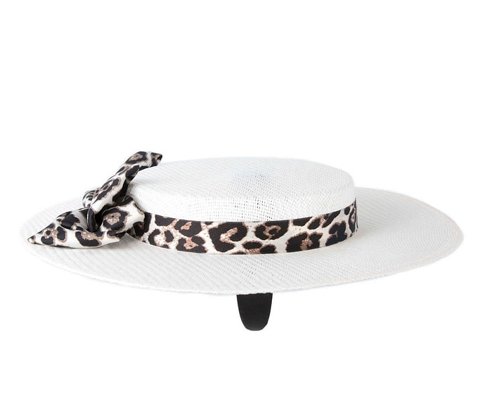Max Alexander White Boater Hat with Leopard Scarf - Image 3