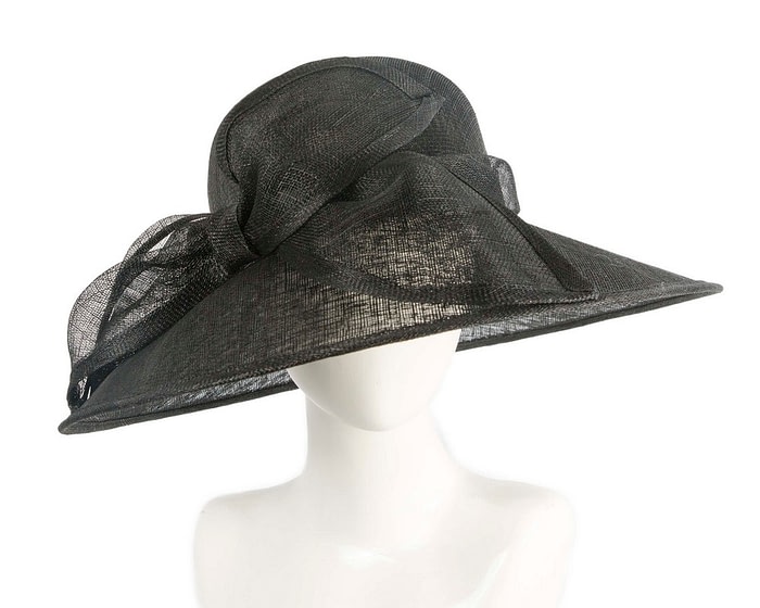 Large black sinamay fashion hat with bow by Max Alexander