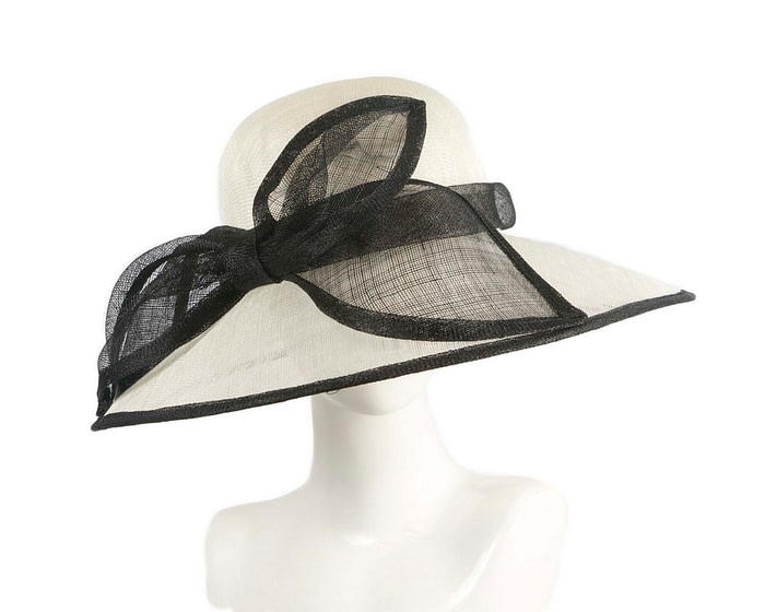 Large cream & black sinamay fashion hat with bow by Max Alexander