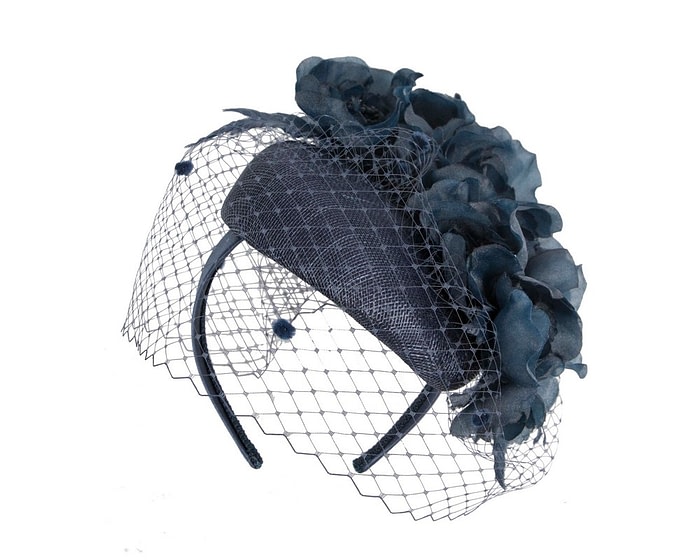 Navy pillbox fascinator with flowers and face veil - Image 2
