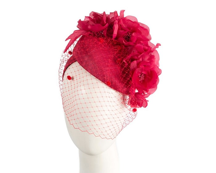 Red pillbox fascinator with flowers and face veil