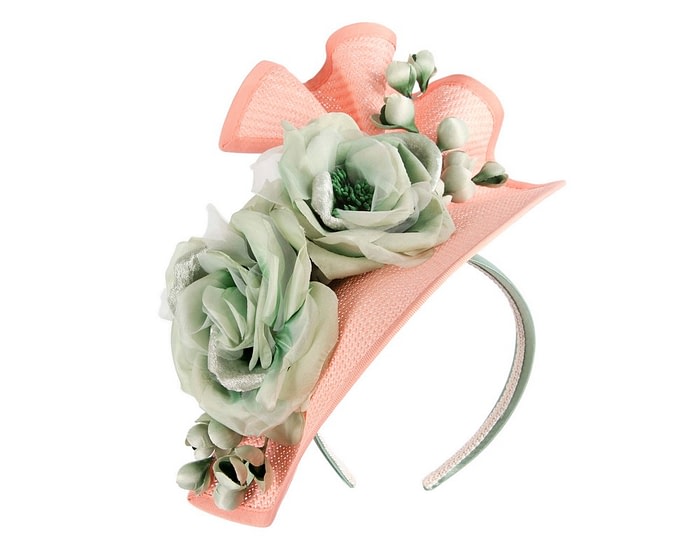 Bespoke large coral & mint flower fascinator by Fillies Collection - Image 2