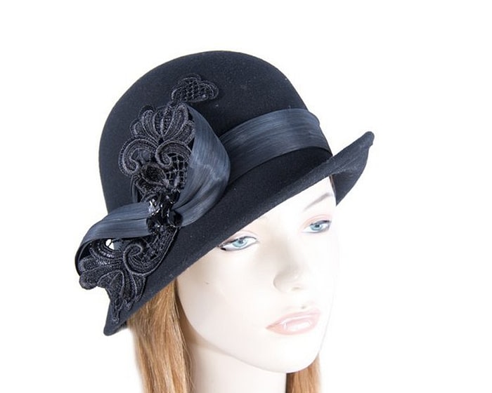 Fascinators Online - Black autumn & winter fashion felt cloche hat by Fillies Collection