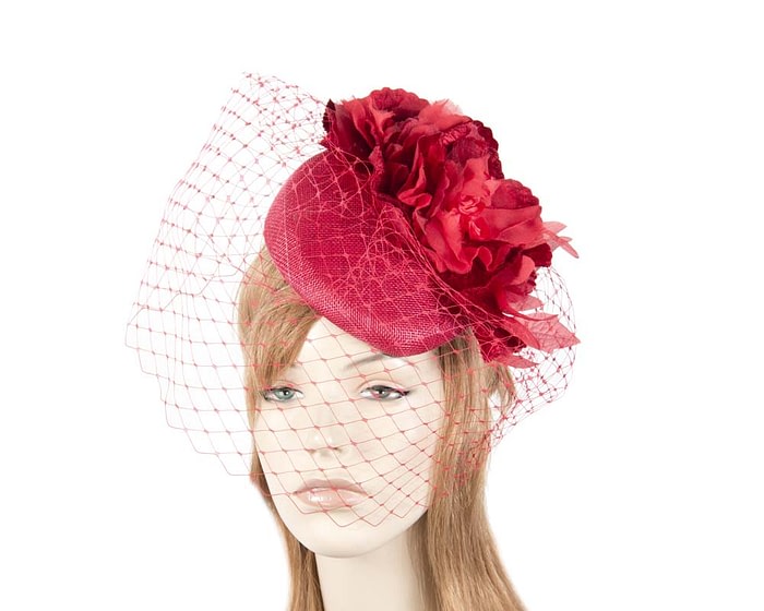 Red racing pillbox fascinator with veil