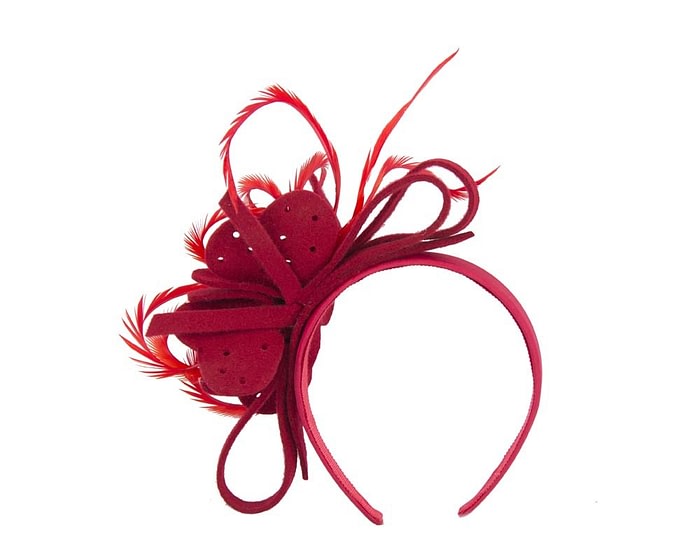 Fascinators Online - Red felt flower and feathers winter fascinator