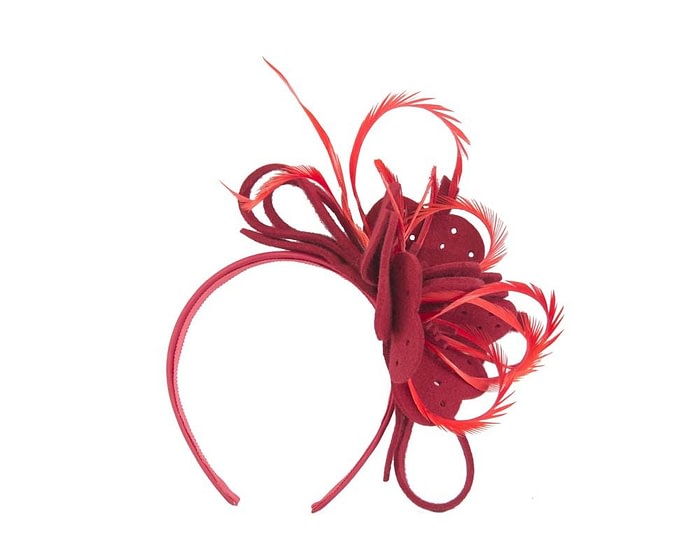 Fascinators Online - Red felt flower and feathers winter fascinator