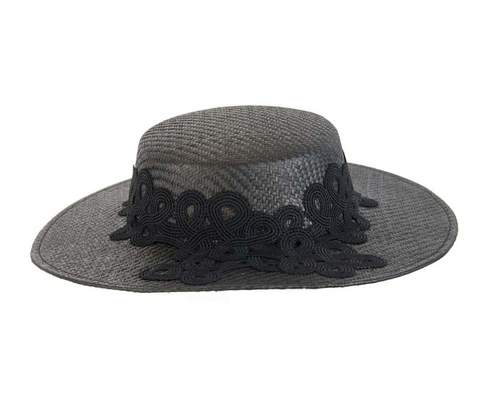 Fascinators Online - Black fashionable boater hat with lace
