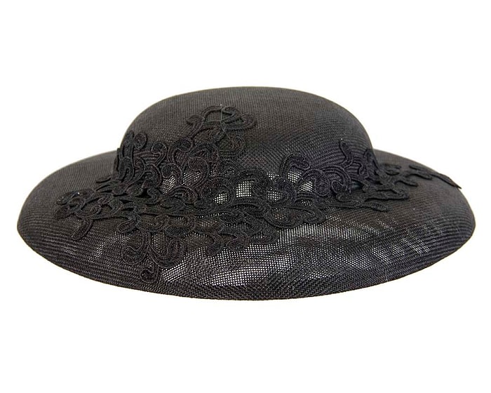 Fascinators Online - Black fashion boater hat with lace by Max Alexander