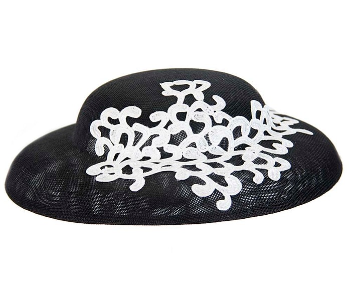 Fascinators Online - Black & white fashion boater hat with lace by Max Alexander