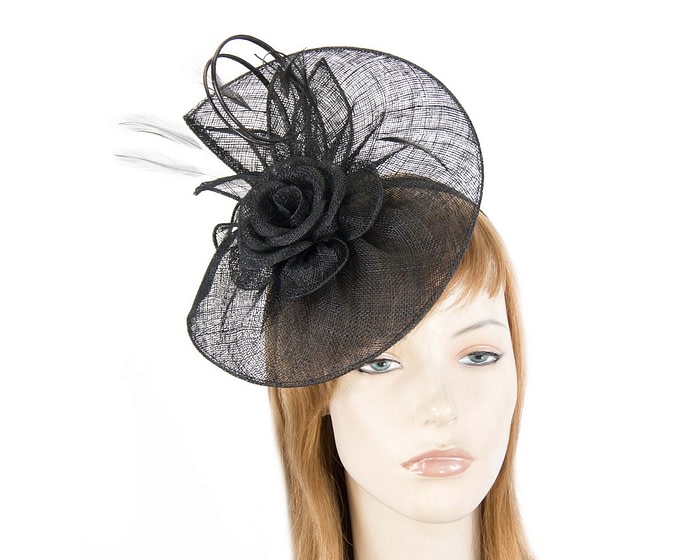 Fascinators Online - Large black sinamay racing fascinator with feathers by Max Alexander