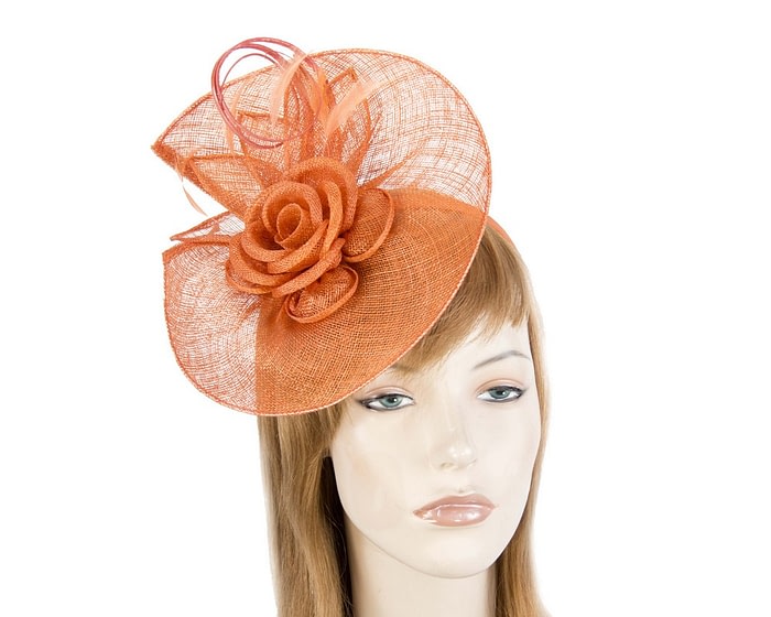 Fascinators Online - Large orange sinamay racing fascinator with feathers by Max Alexander
