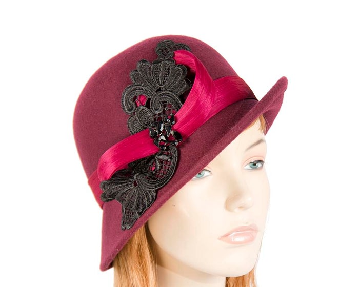 Fascinators Online - Burgundy autumn & winter fashion felt cloche hat by Fillies Collection