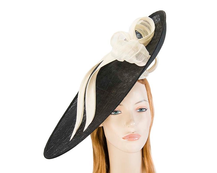 Fascinators Online - Large black fascinator hat with cream bow
