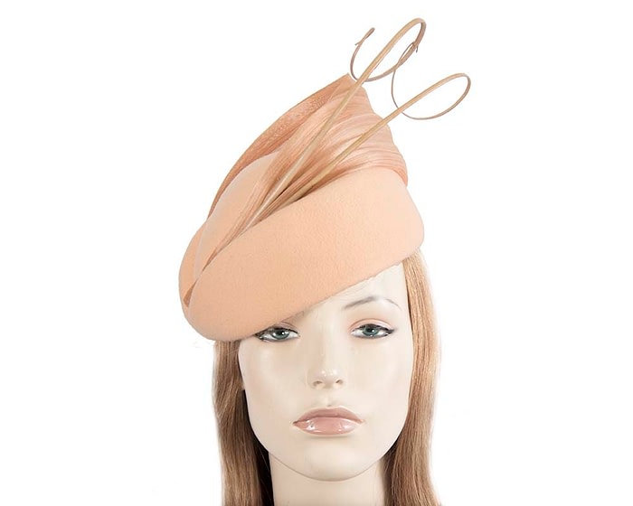 Fascinators Online - Beige felt ladies fashion beret hat with feather by Fillies Collection