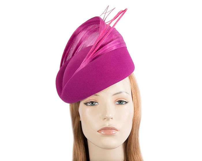Fascinators Online - Fuchsia felt ladies fashion beret hat with feather by Fillies Collection