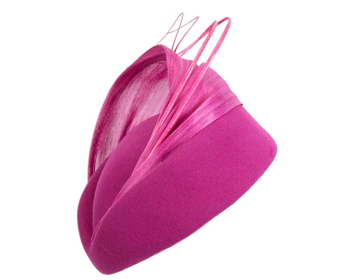 Fascinators Online - Fuchsia felt ladies fashion beret hat with feather by Fillies Collection