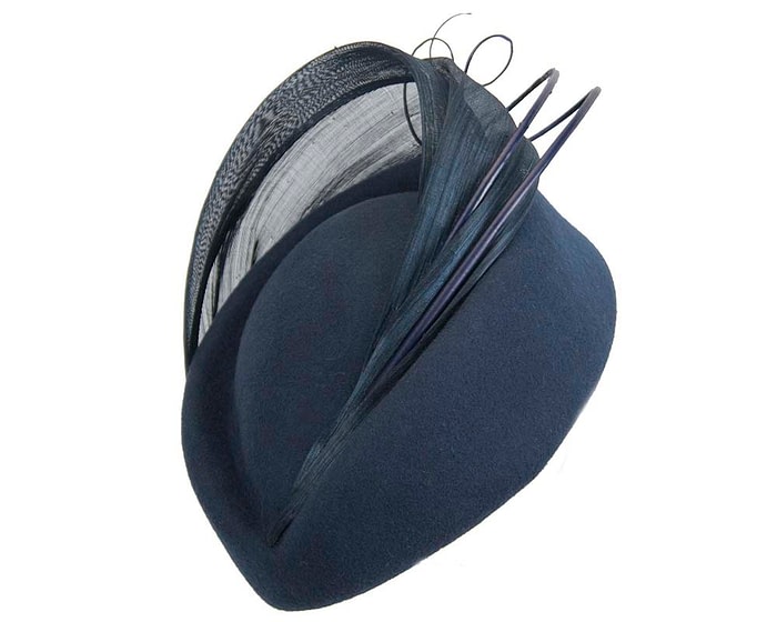 Fascinators Online - Navy felt ladies fashion beret hat with feather by Fillies Collection