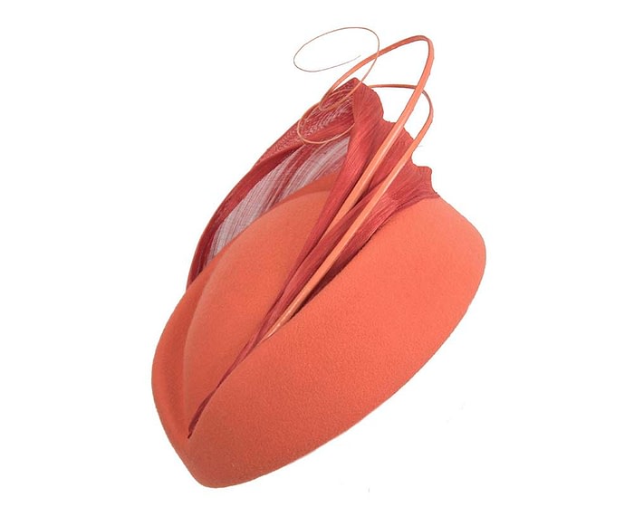Fascinators Online - Orange felt ladies fashion beret hat with feather by Fillies Collection