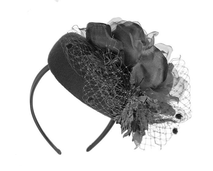 Fascinators Online - Black pillbox fascinator with flower by Fillies Collection