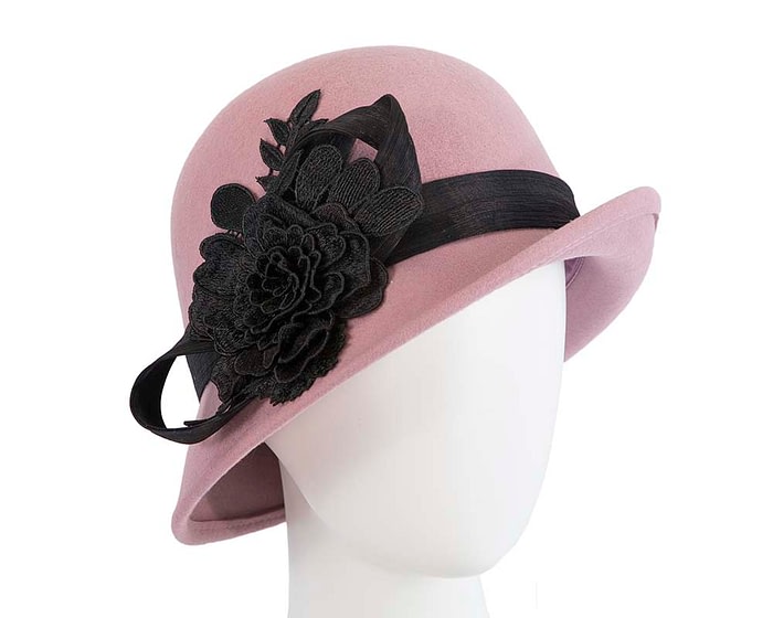 Fascinators Online - Exclusive dusty pink felt cloche hat with lace by Fillies Collection