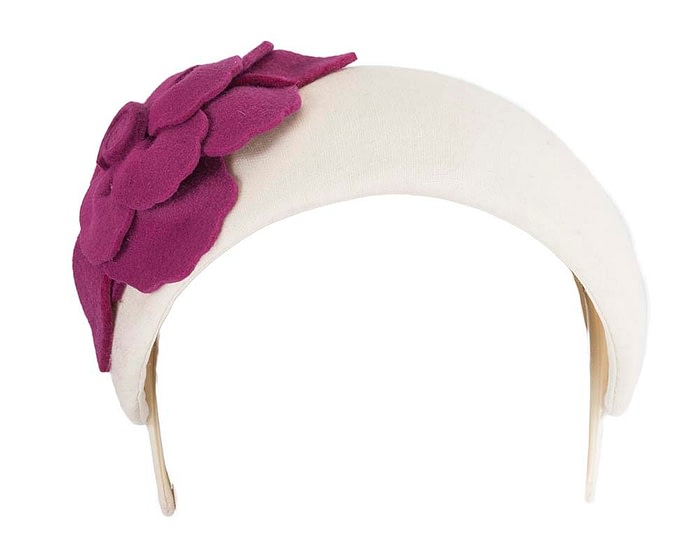 Fascinators Online - Wide headband cream winter fascinator with fuchsia flower by Max Alexander