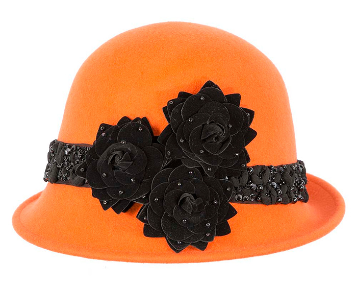 Fascinators Online - Orange ladies winter felt cloche hat by Fillies Collection