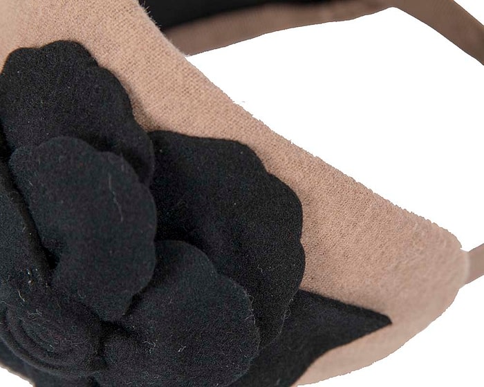 Fascinators Online - Wide headband beige winter fascinator with black flower by Max Alexander